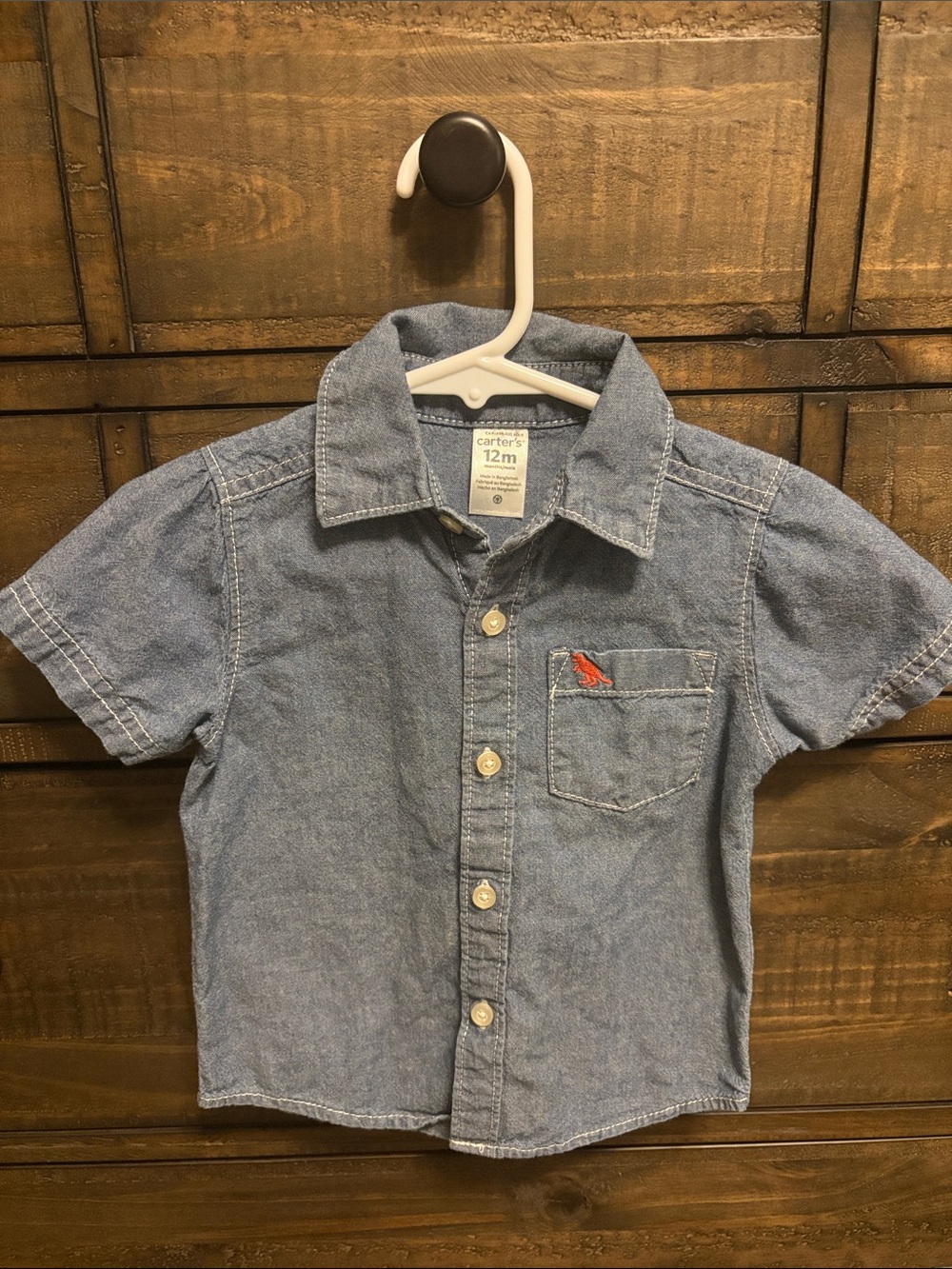 Carter's Light Blue Denim Short-Sleeve Button-Down Shirt With Dinosaur On Pocket